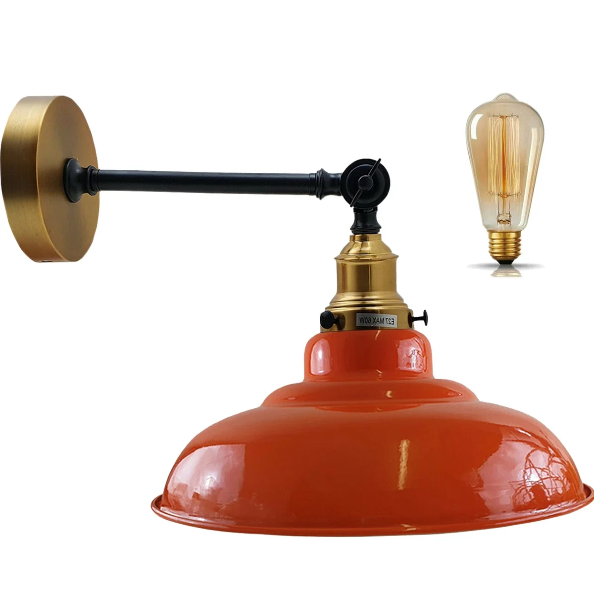 Orange curvy swing arm lamp with metal shade, adjustable arm, wall-mounted, industrial style.