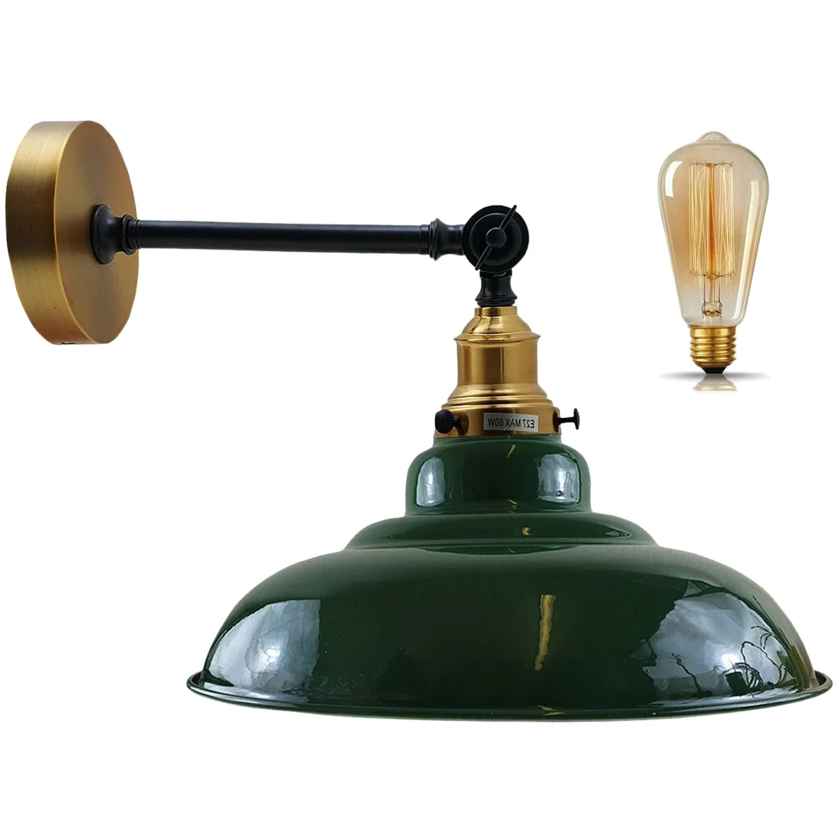 Green adjustable curvy wall lamp with metal shade and swing arm – an industrial wall lamp for modern interiors.