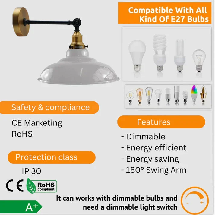 Adjustable metal wall light with curved metal shade and vintage Edison bulb, warm glow.