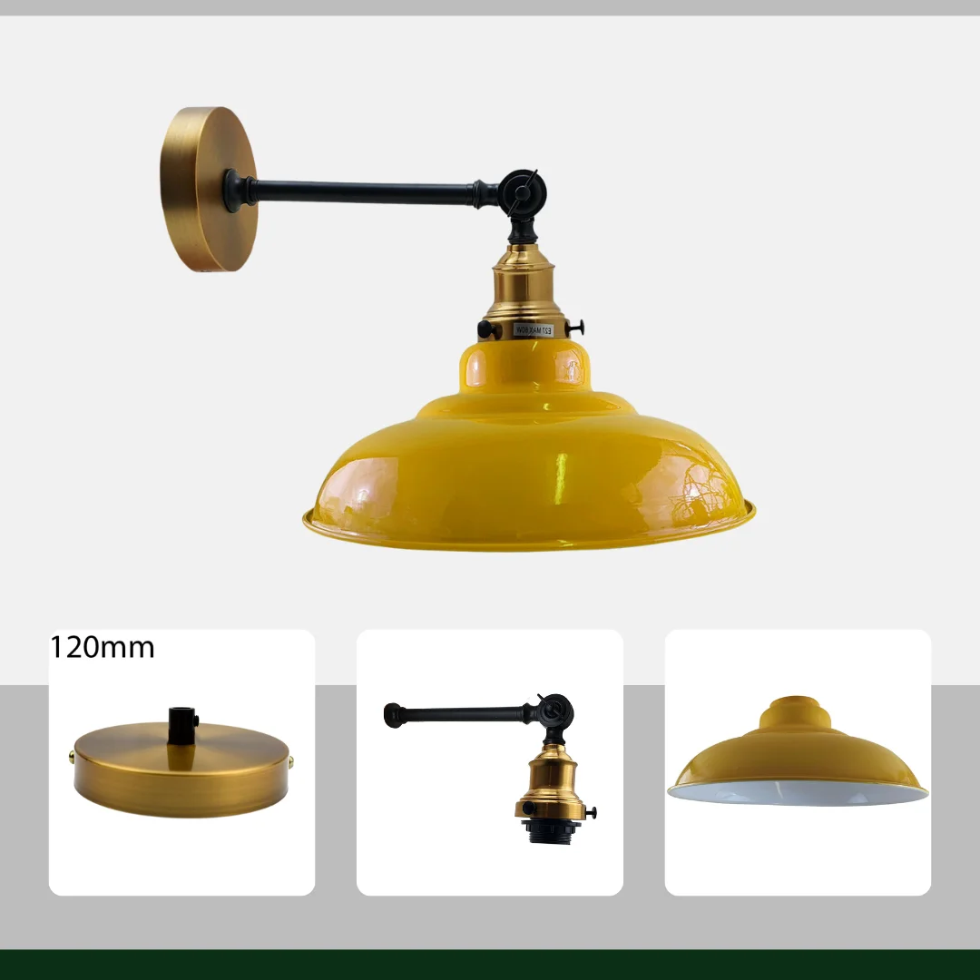 Vintage adjustable arm wall light with curved metal shade and Edison bulb, warm glow, retro industrial style