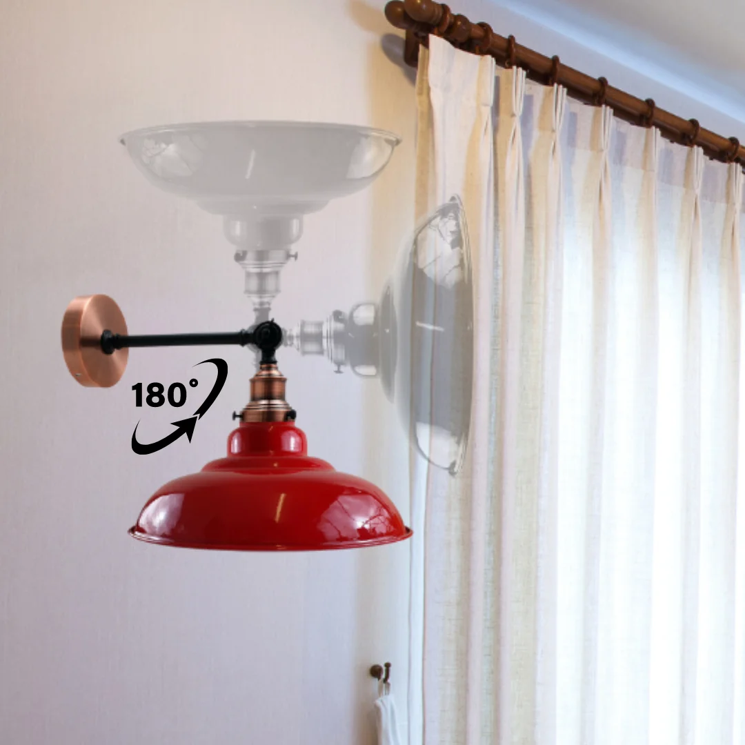 Metal curved shade wall lamp with adjustable arm, vintage Edison bulb, mounted on wall.