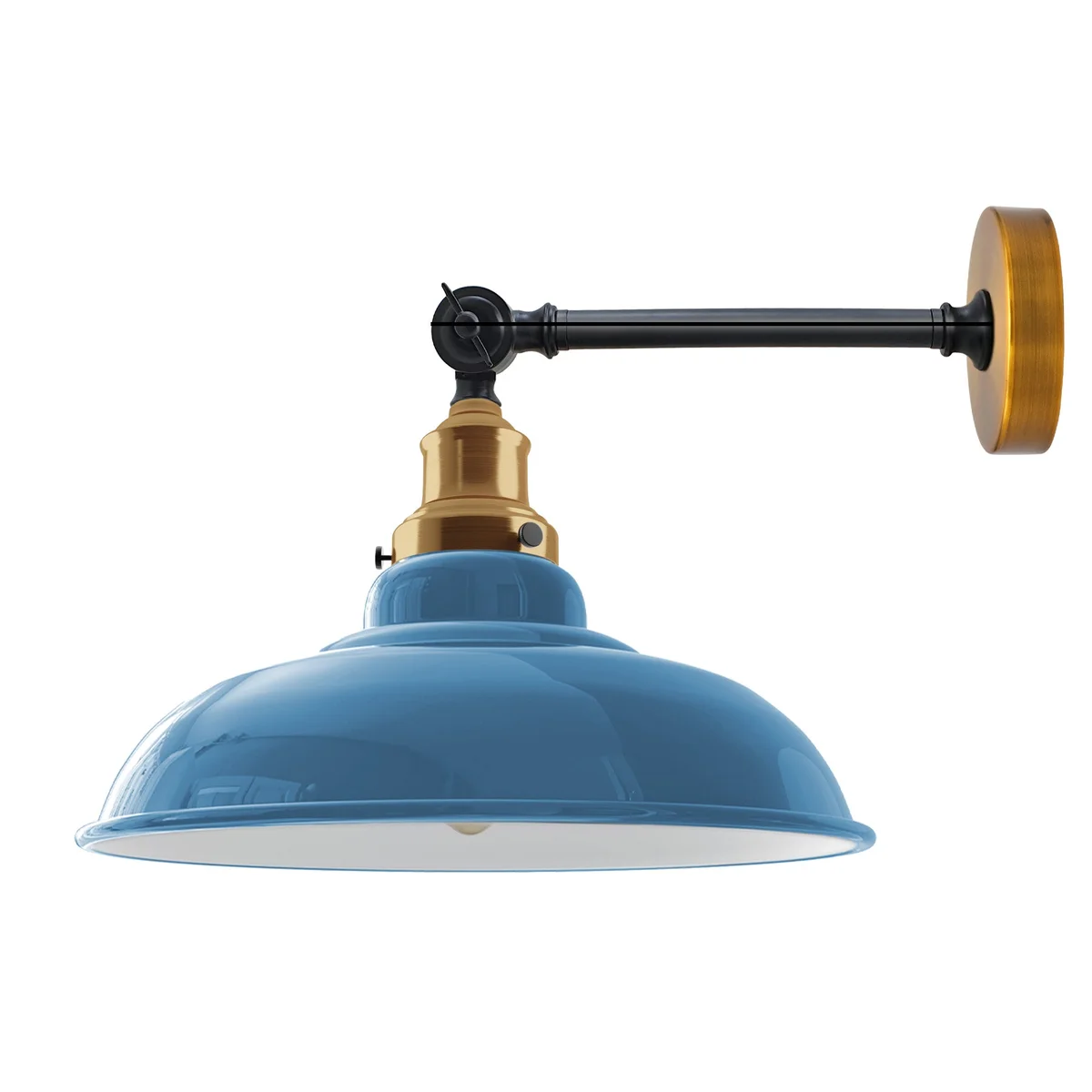 Adjustable vintage wall light with curved metal shade and Edison bulb, showcasing retro industrial design.