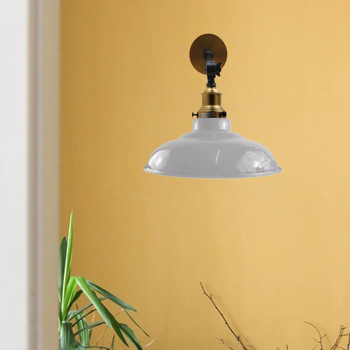 White wall light with adjustable metal curved arm and glossy shade, loft style industrial fixture.