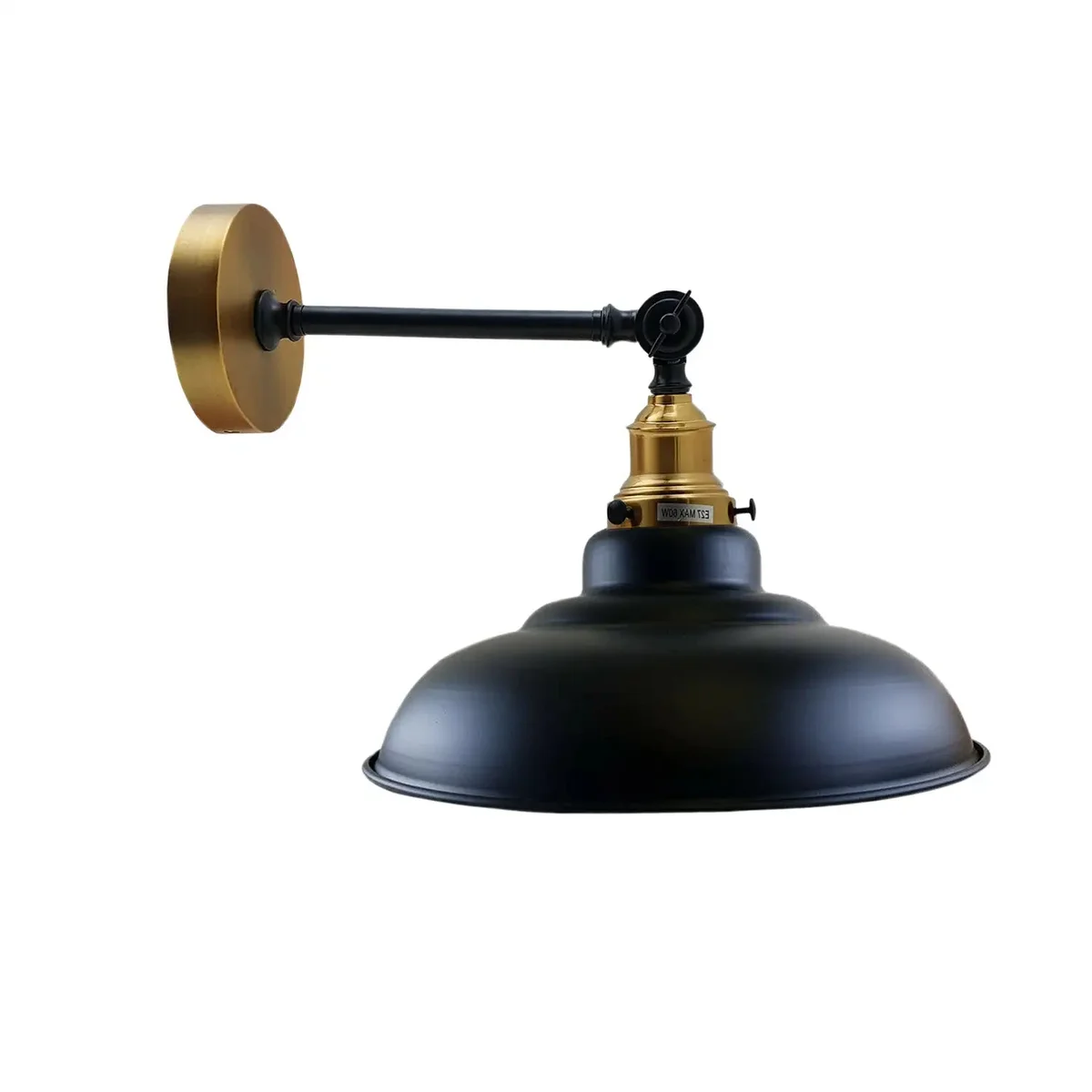 Black industrial wall sconce with curved metal shade and adjustable swing arm