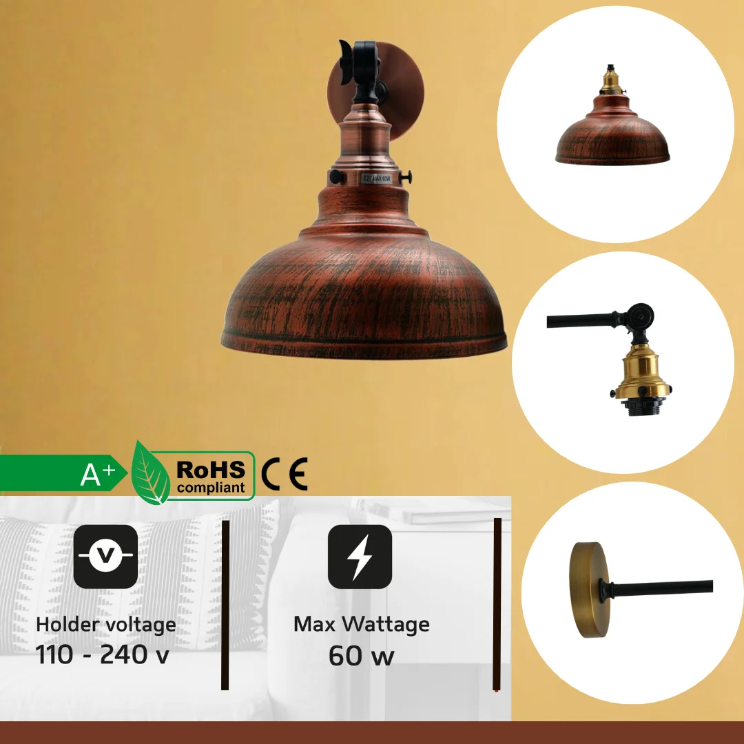 Rustic red metal curvy dome wall lamp with adjustable arm, 29 cm shade – industrial wall light