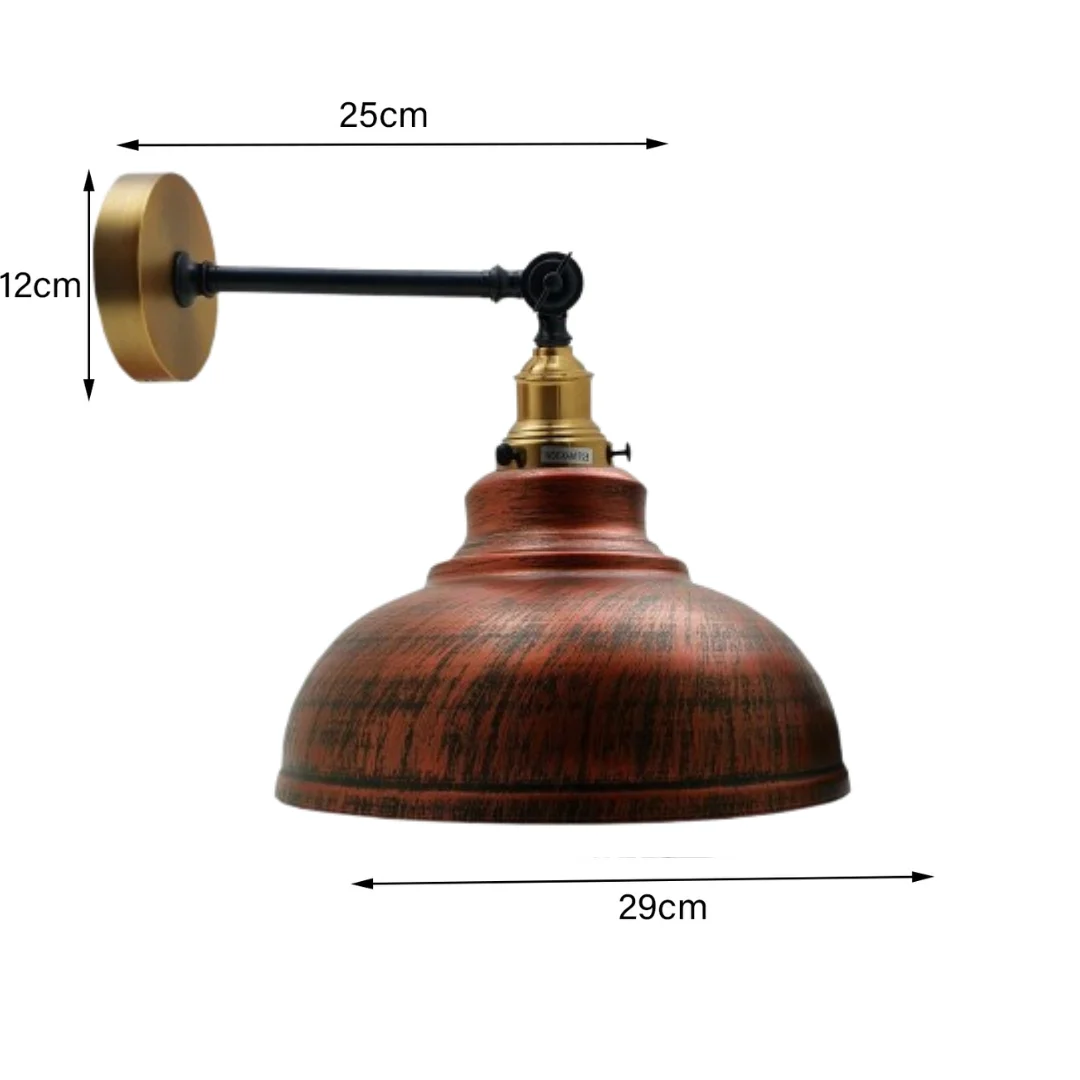 Rustic red metal wall lamp with a curvy dome shade, adjustable arm, and sleek mounting bracket.