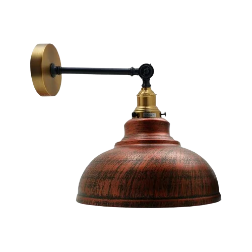 Rustic red lamp with curvy metal shade mounted on a wall, featuring brushed industrial style and adjustable arm.