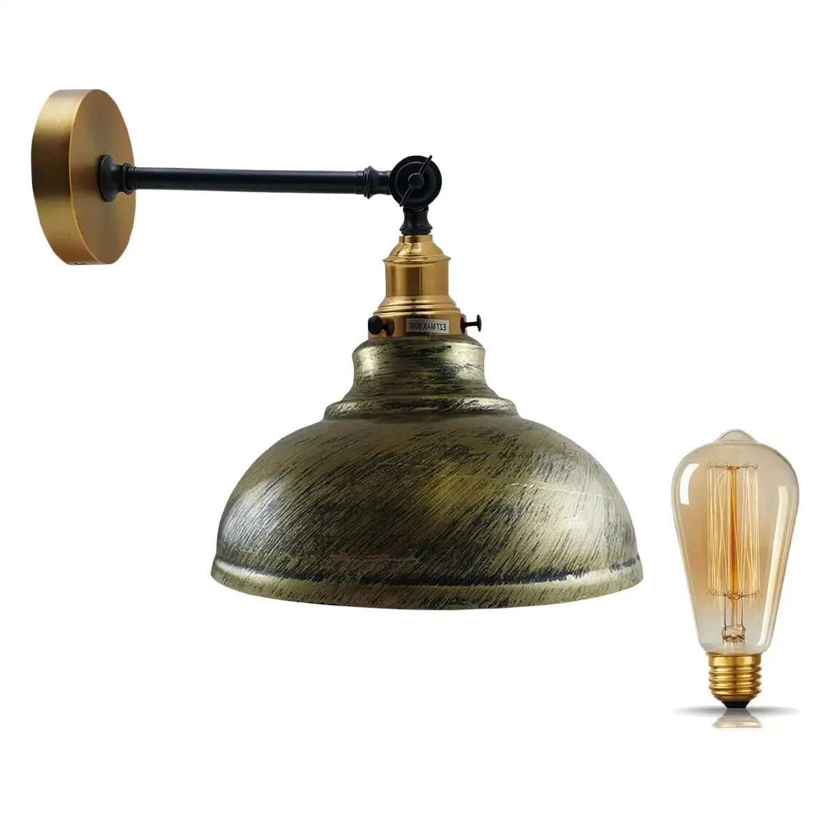 Brushed brass wall light with adjustable arm and curvy dome silhouette, prominent vintage finish.