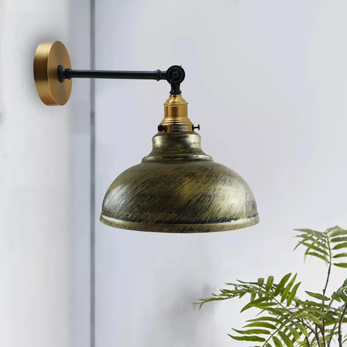 E27 wall light with brushed brass dome, adjustable arm, 29cm diameter, vintage accent for living room.