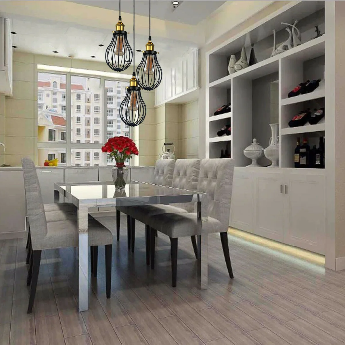 Black metal cage pendant lamp with 95cm cable, dimmable kitchen lights for a modern or retro kitchen island.