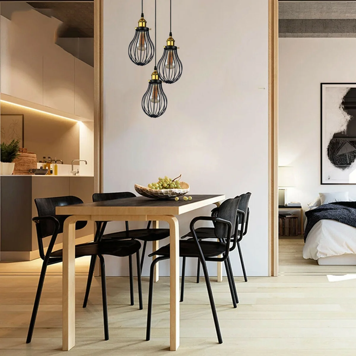 Black metal cage pendant lamp with 95cm hanging cord, housed in a round base, ready for installation.