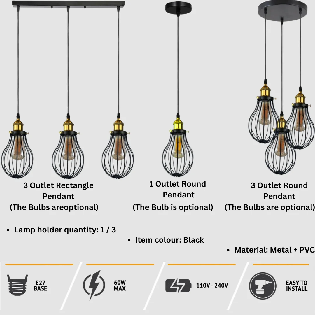 Black metal cage E27 bulb pendant with 95cm cable, dimmable.
