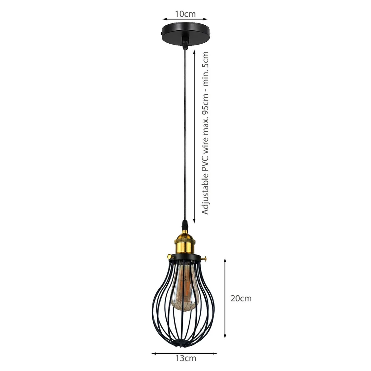 Black cage pendant lights hanging from ceiling, metal cage with black lamp socket, E27 base, 13cm wide by 20cm high.