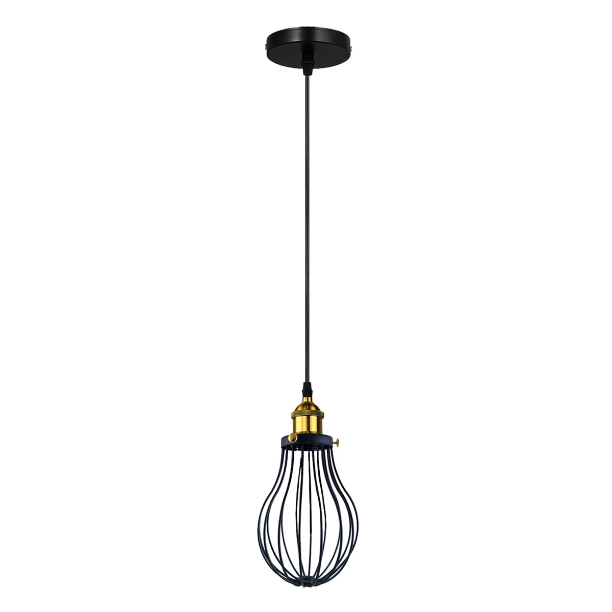 Black cage pendant lights hanging from ceiling, metal cage with black lamp socket, stylish vintage/retro design.