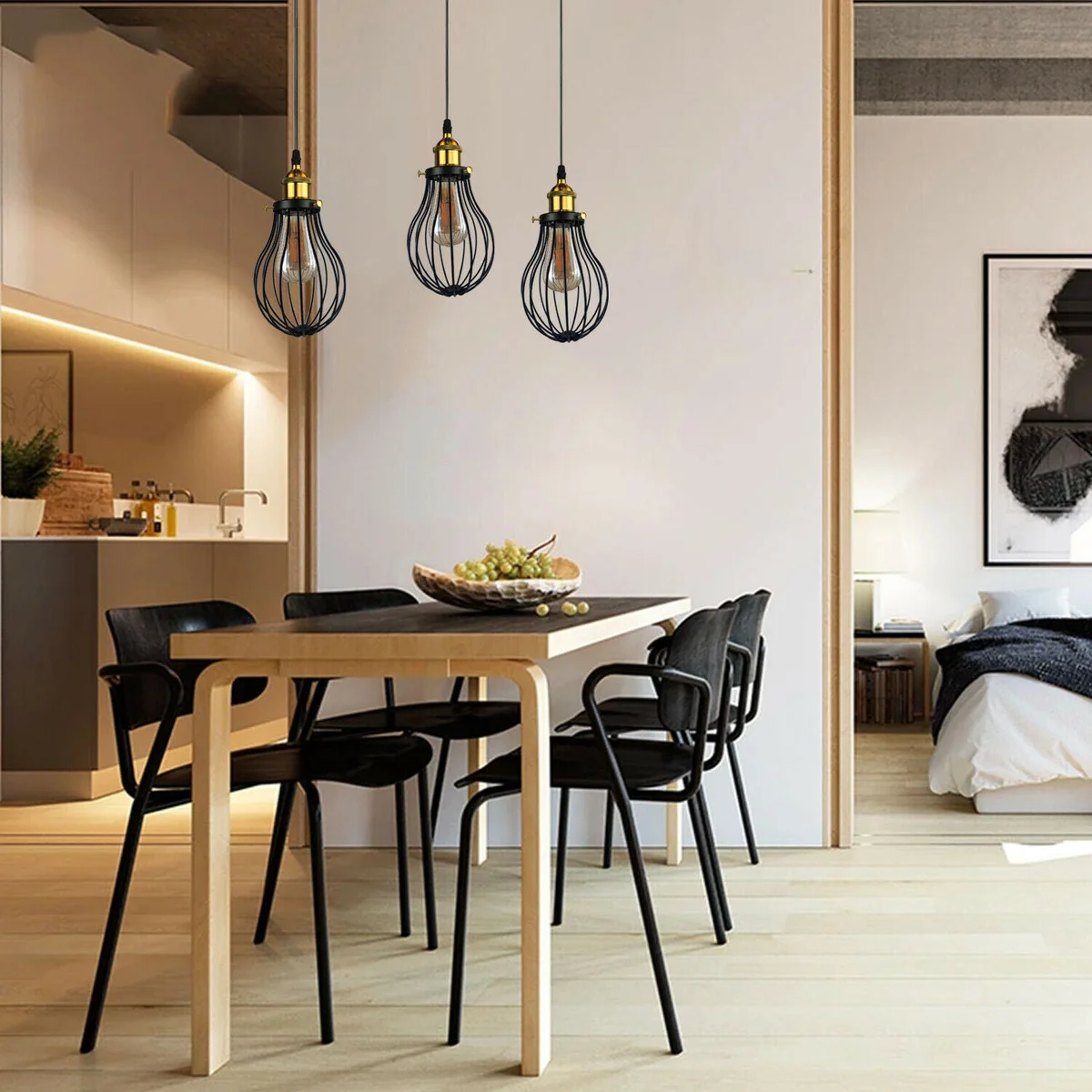 Black 3-way pendant ceiling light with metal and PVC cages, hanging from ceiling.