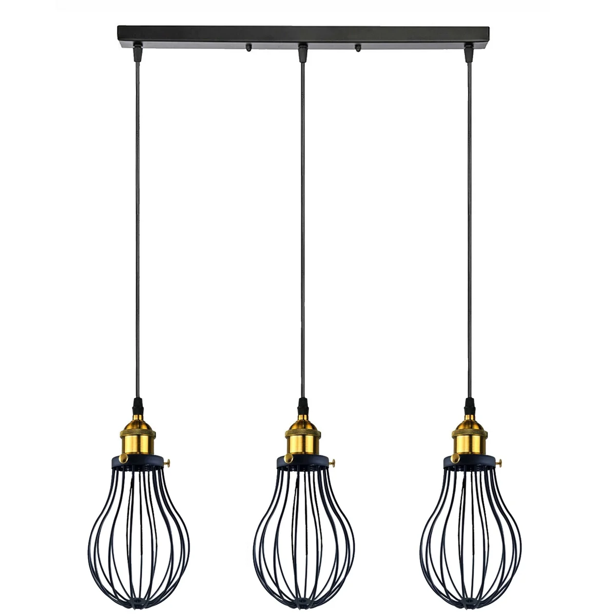 Black industrial pendant light with 3 metal cages and E27 sockets, hanging from ceiling, 20cm height, 95cm cable