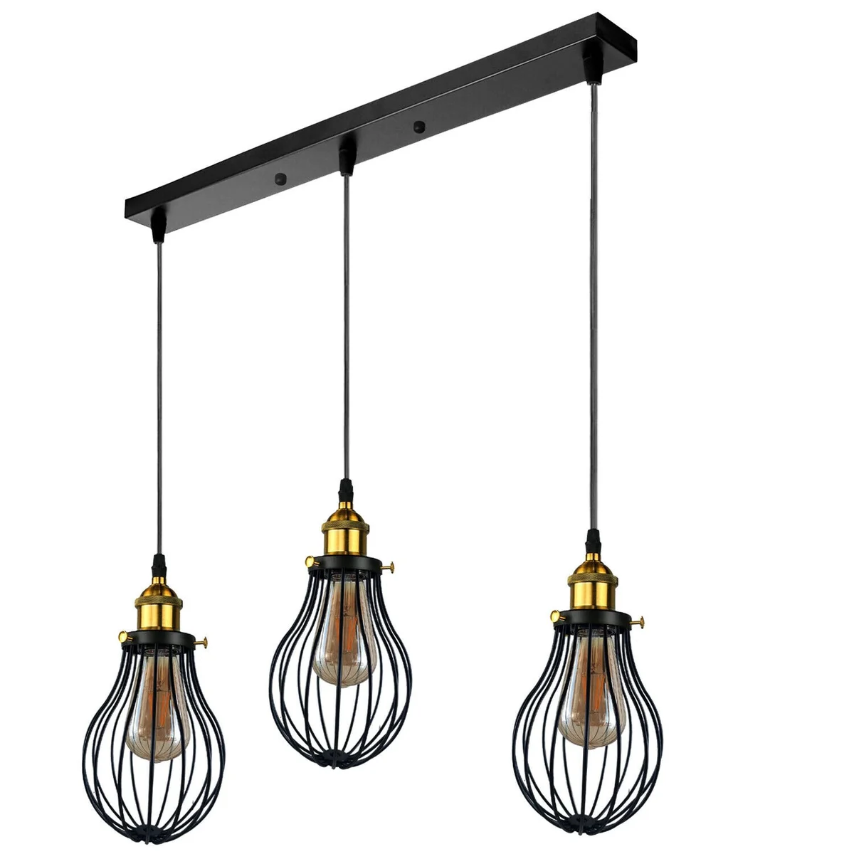 Black metal ceiling light with decorative metal and PVC cages, hanging from ceiling, 3 lamp holders.