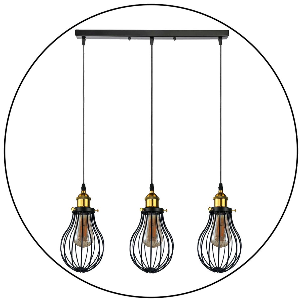 Black metal‑PVC industrial E27 pendant light fixture with 3 cage holders, 95 cm hanging cable from rectangular base.