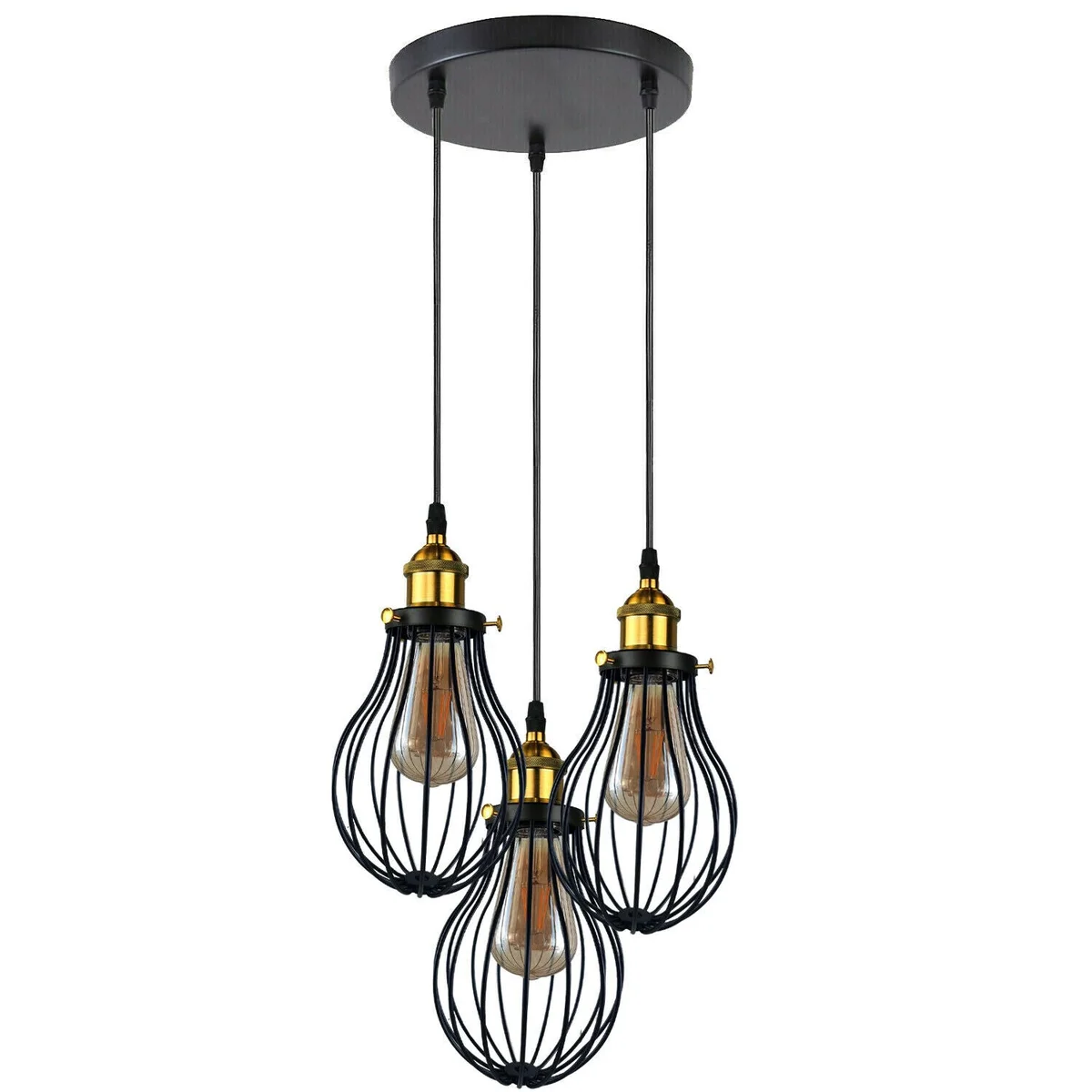 3 head pendant light with black metal cages, hanging above floor, PVC cable, industrial style.
