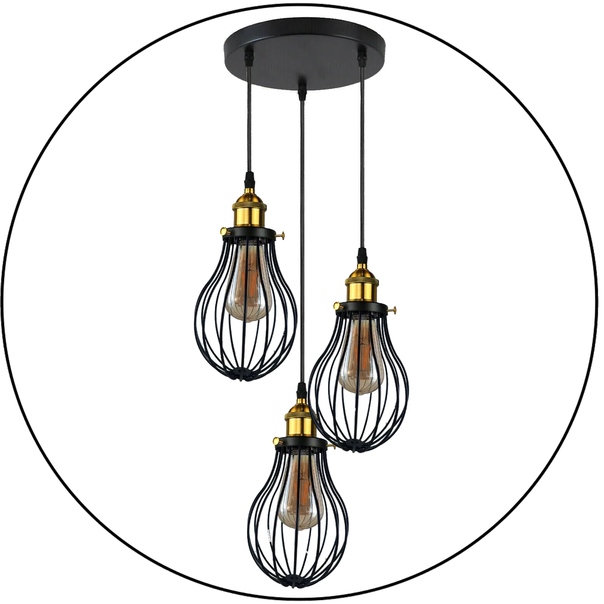 Black 3‑head wire cage ceiling light with metal and PVC covers, E27 sockets, 95cm cable, minimalist design