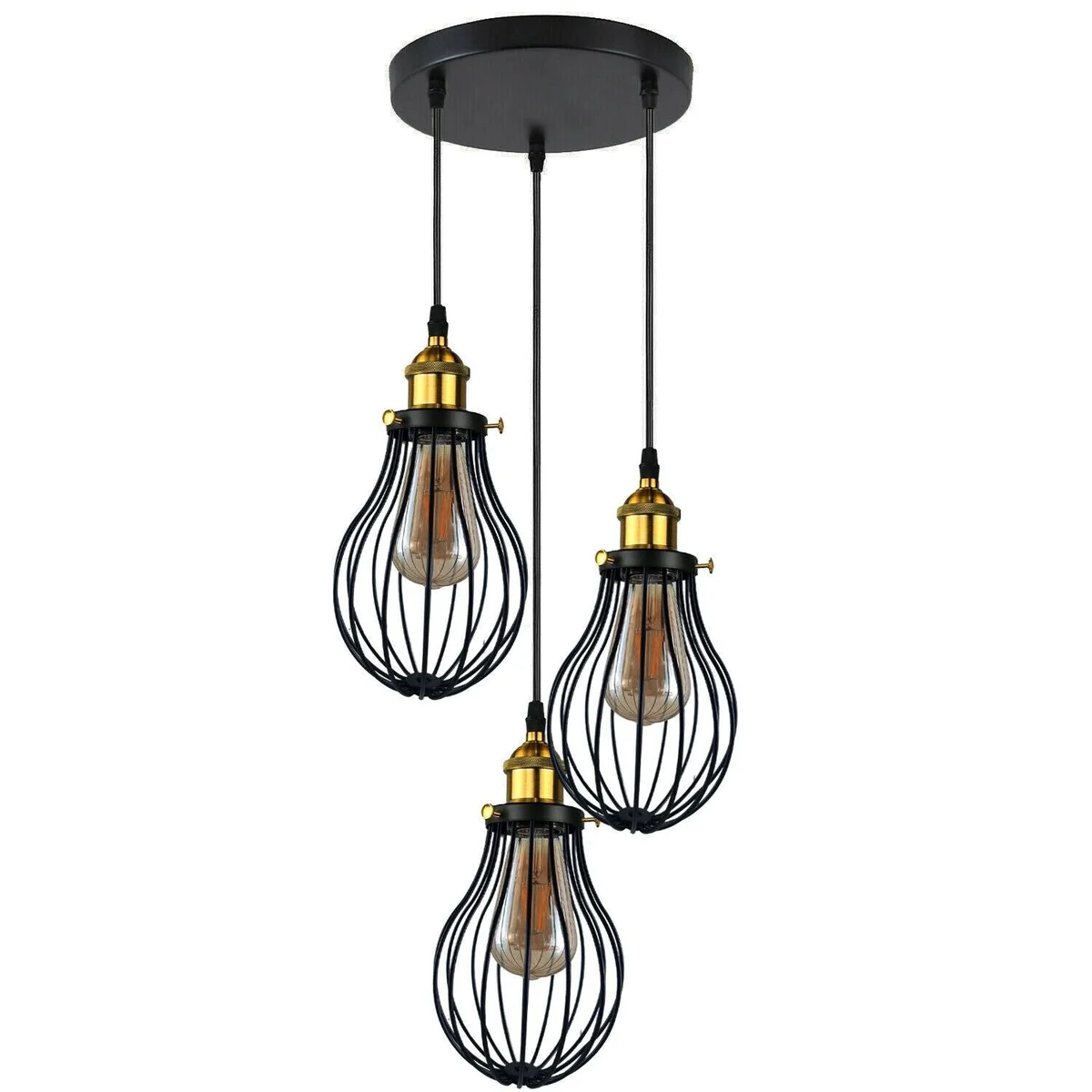 Metal pendant lamp with three black cage covers, E27 holders, 20cm height, hanging from PVC cable.