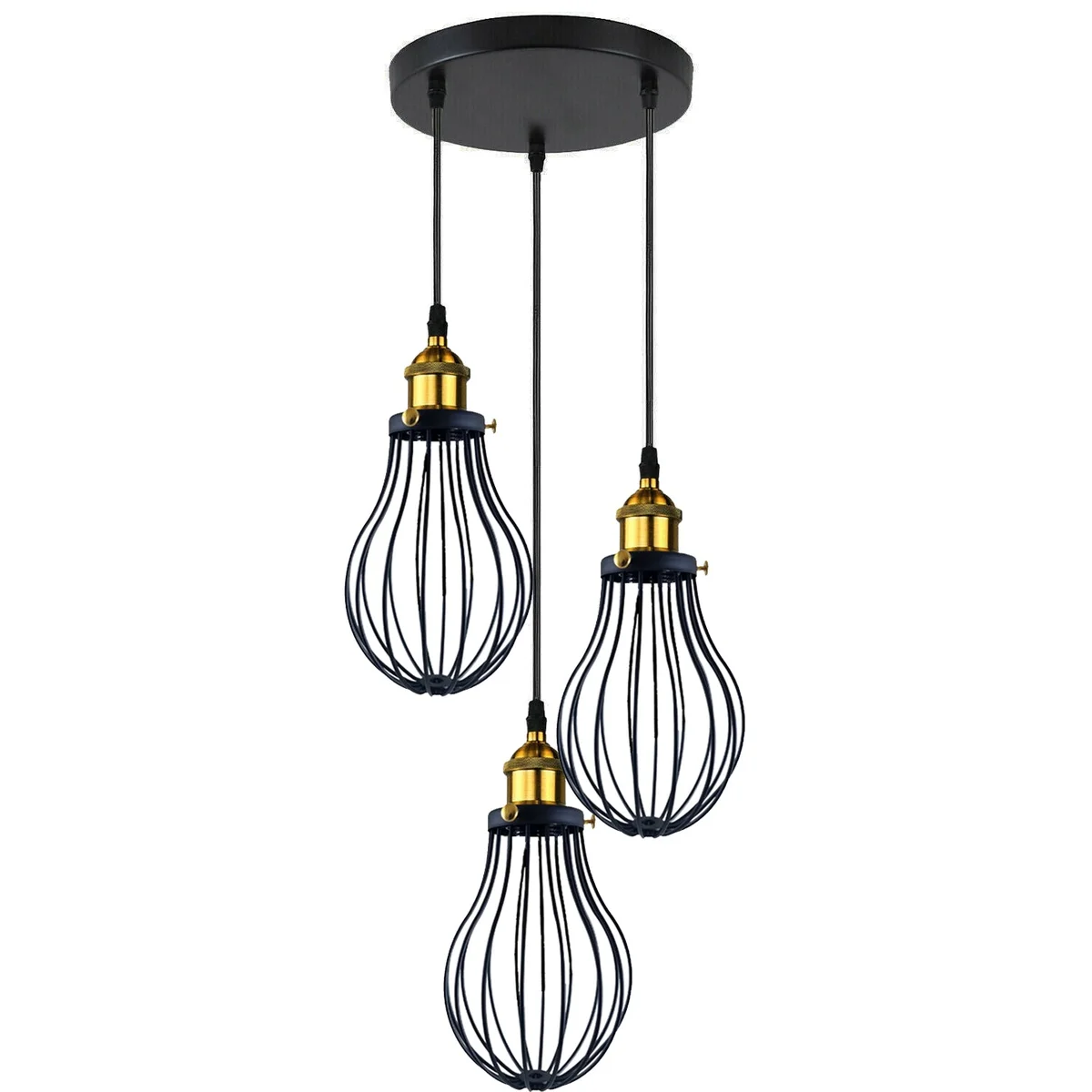3‑head black industrial pendant ceiling light with cage‑style metal and PVC covers, suspended on 95cm cable.