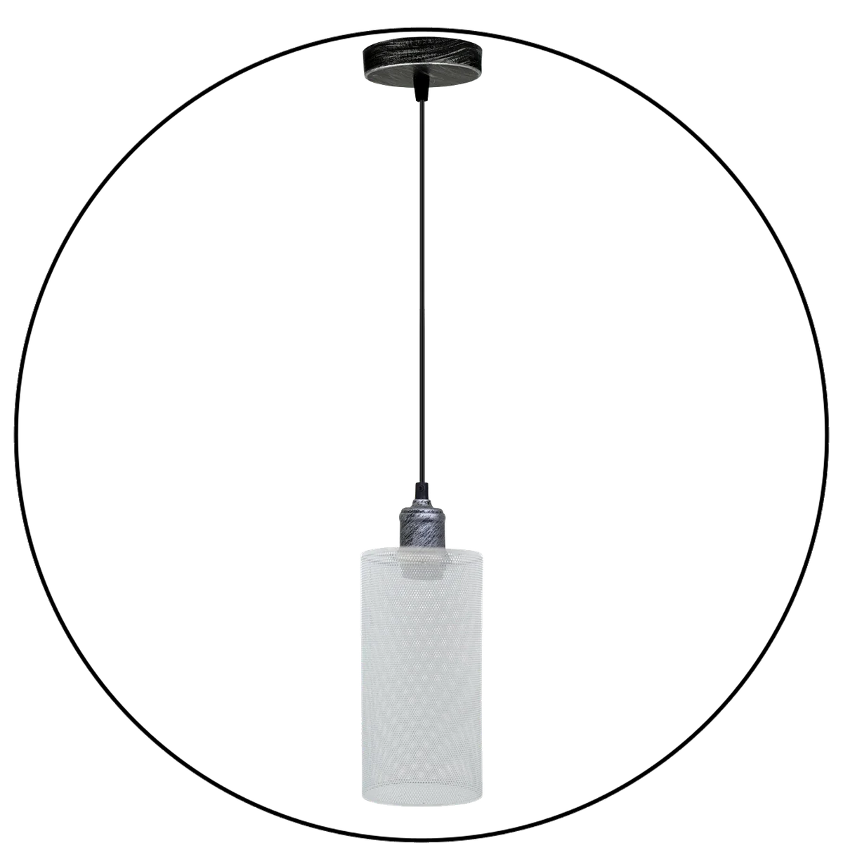 White patterned E27 pendant light with metal frame, 95cm PVC cable, brushed silver accents