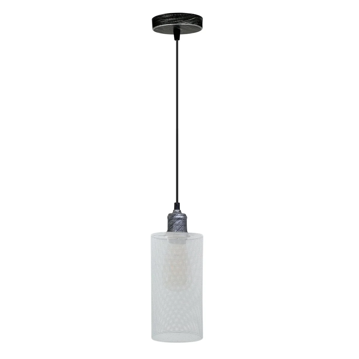 White patterned pendant lamp with metal frame and silver accents hanging from 95cm PVC cable – party decor lighting.