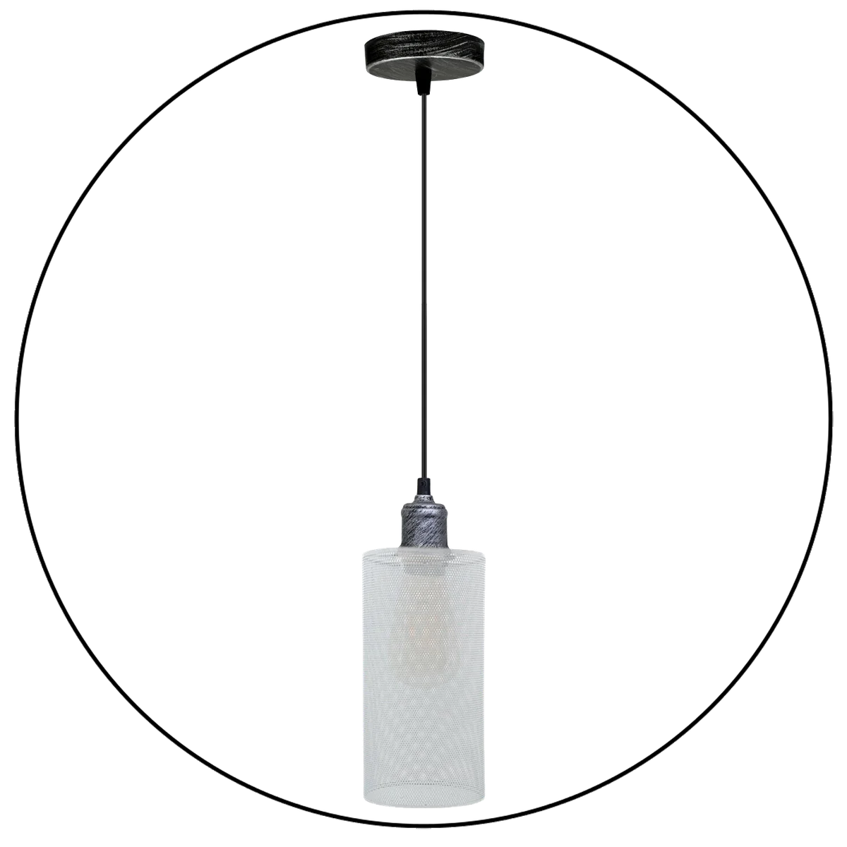 Metal ceiling lamp in white and brushed silver, 10cm x 2cm plate, 95cm PVC cable, with E27 lamp base.