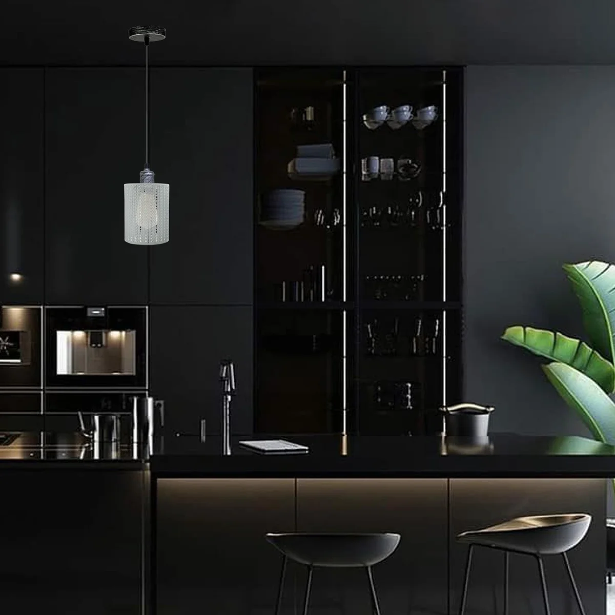 Modern kitchen bar pendant light in white and brushed silver metal, 95 cm PVC cable, E27 base, hanging from ceiling.