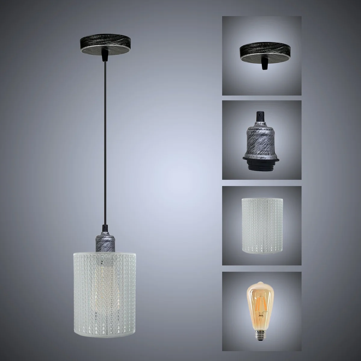 Patterned pendant lighting in white and brushed silver: metal pendant, 95cm PVC cable, base and light holder visible.