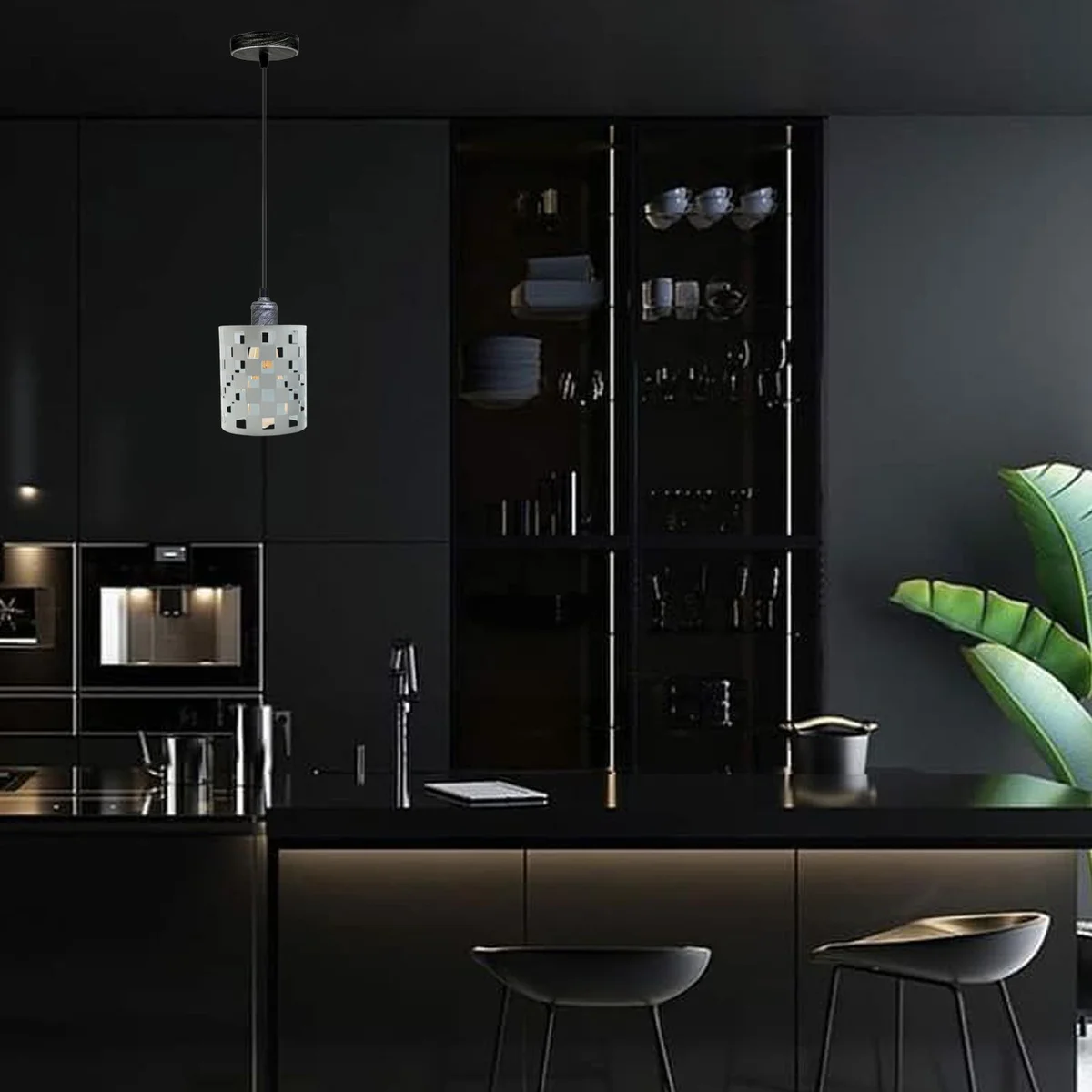 Industrial pendant light with white metal pattern shade, brushed silver frame, hanging from ceiling, E27 base visible.