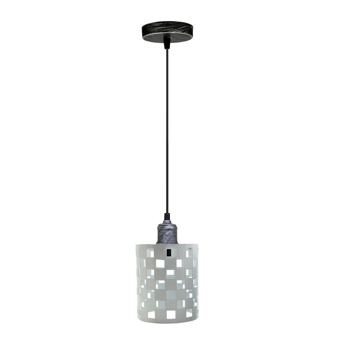 White metal pendant with brushed silver pattern shade lighting, 95cm PVC cable, E27 base, hanging from ceiling plate