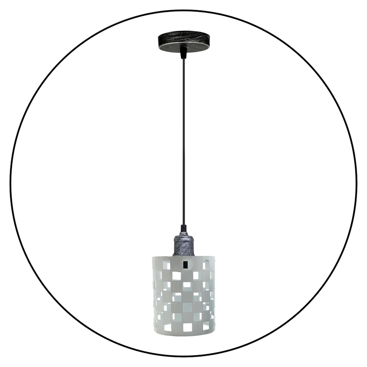 Modern retro ceiling light with white metal pendant and patterned shade, hung by 95cm cable, featuring silver accents.