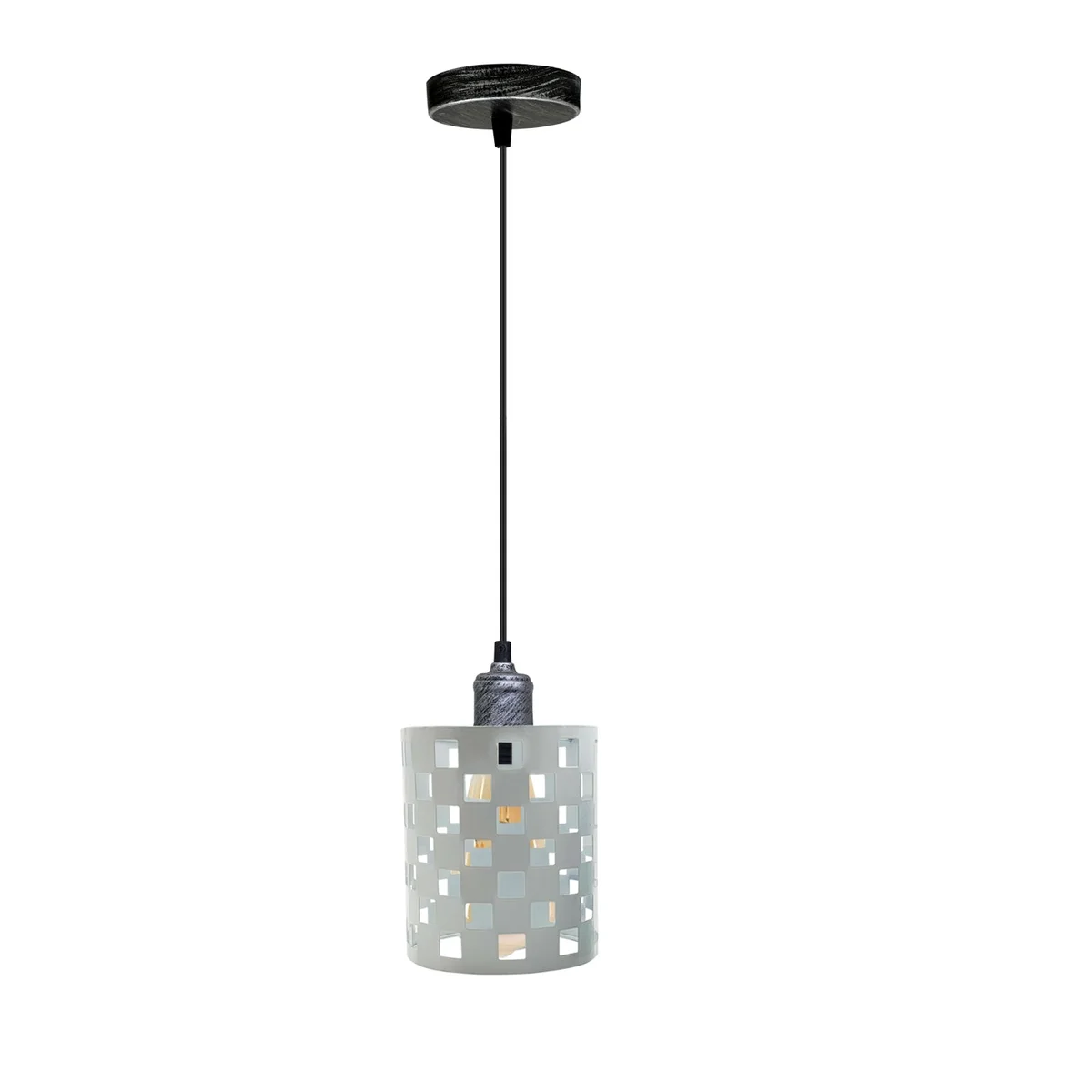 PVC cable pendant lighting in white and brushed silver cage style, 95 cm cable, E27 base