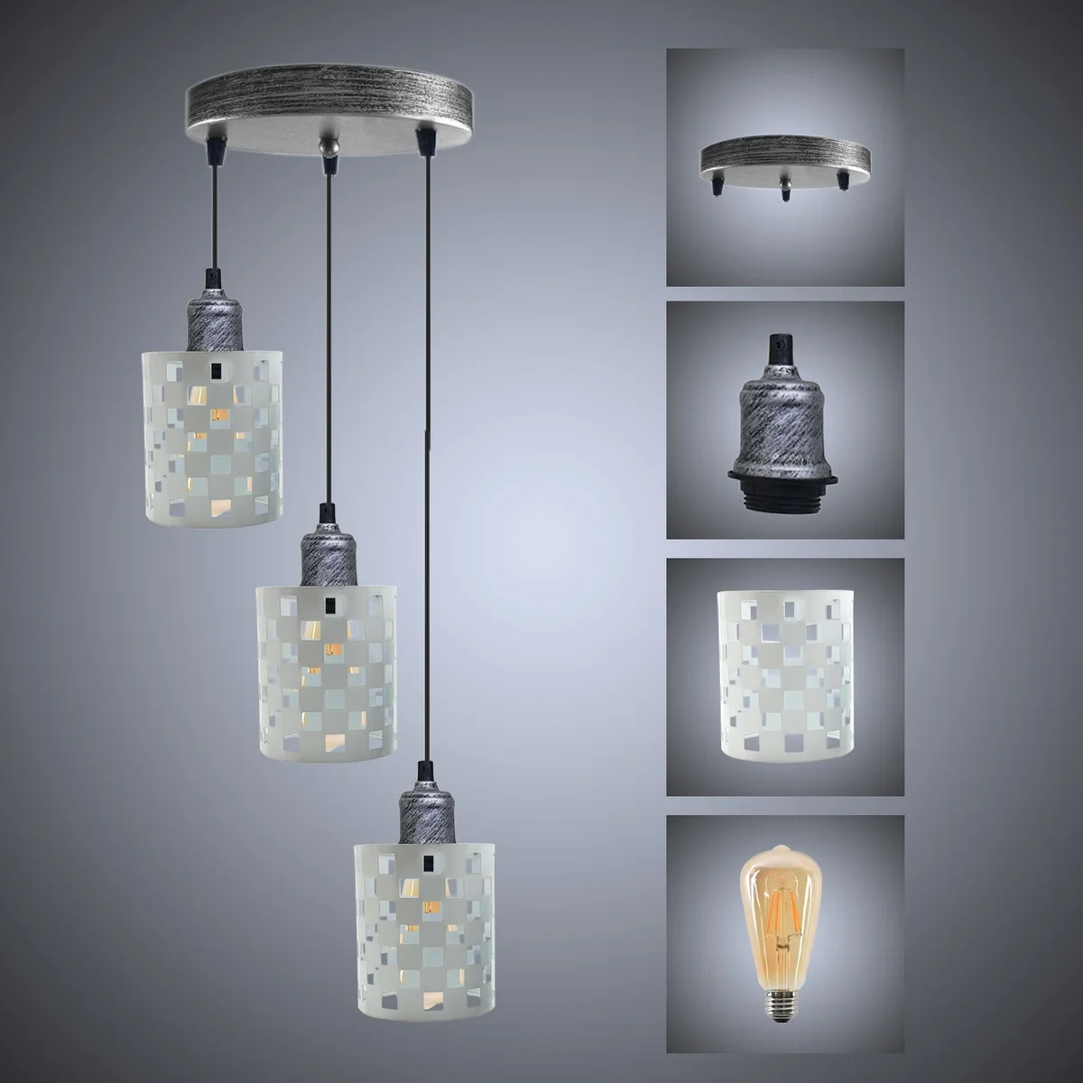 Vintage metal pendant light with white and brushed silver finish, 3 light holders, and 95 cm PVC cable.