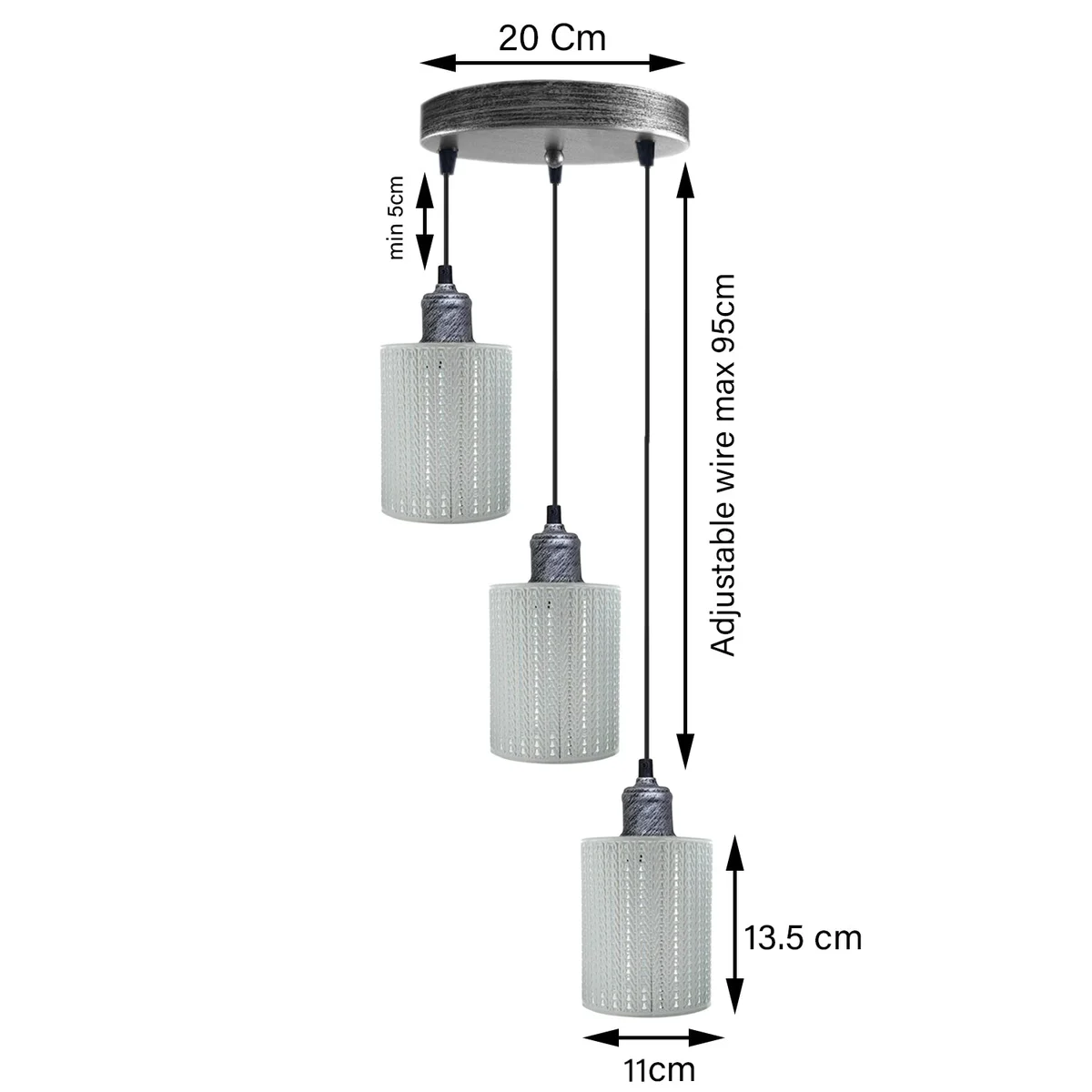 Vintage metal hollow E27 pendant lamp with white and brushed silver finish, 3 light holders and 95cm PVC cable.