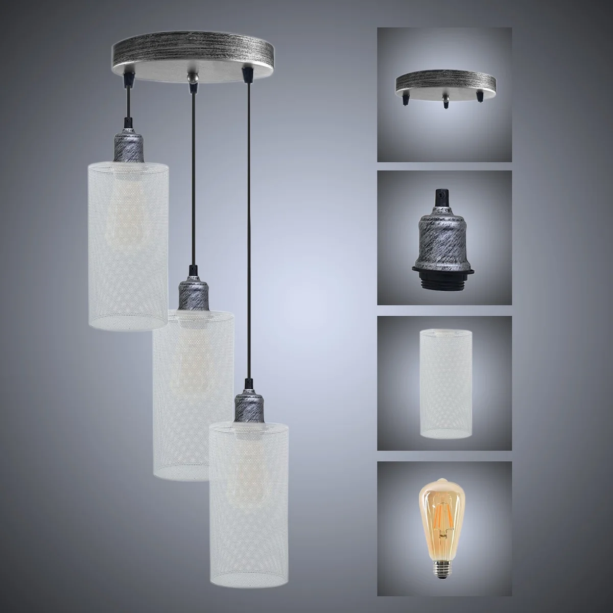 Vintage hollow pendant lighting with white metal body, brushed silver base, 3 E27 holders, and 95cm PVC cable.