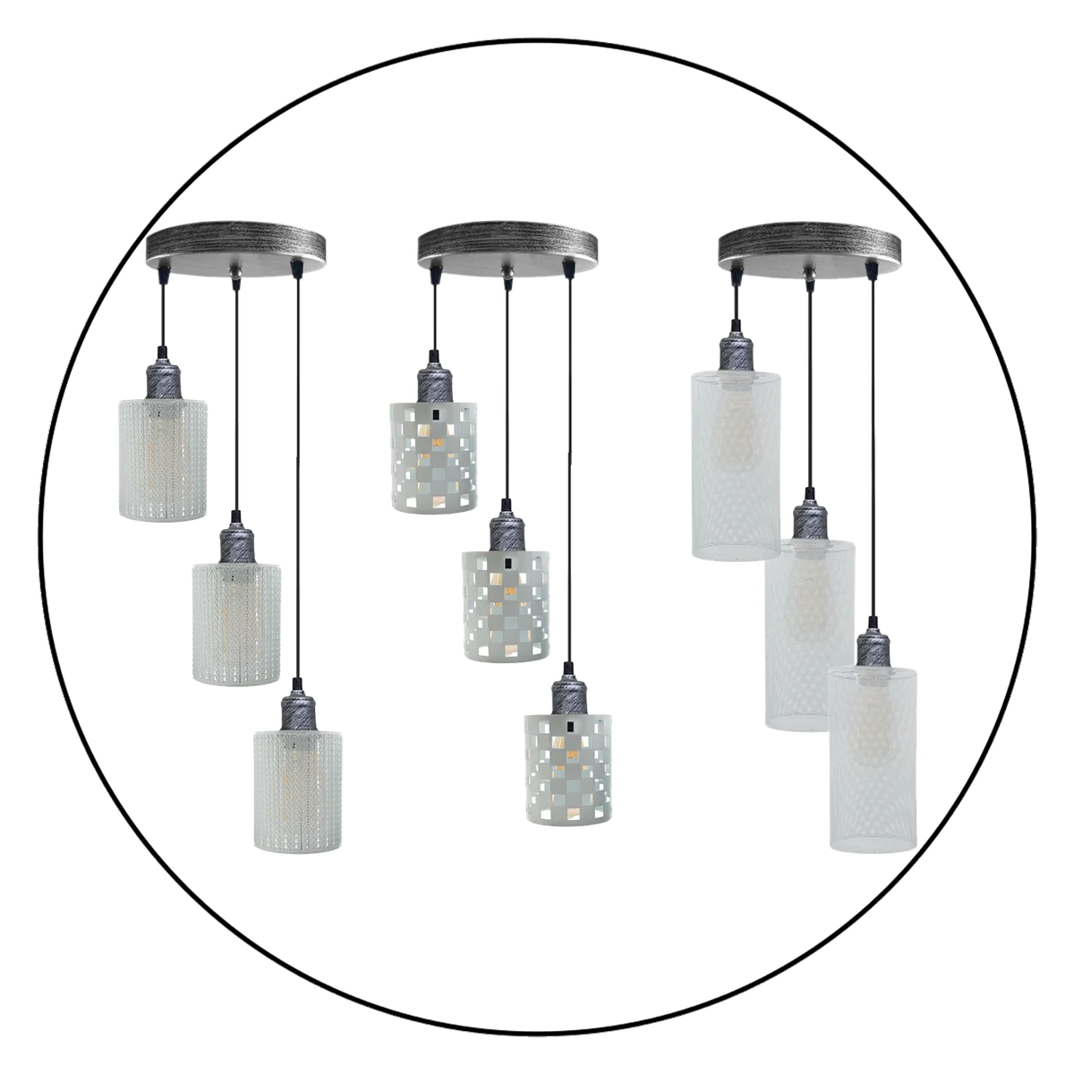 Metal ceiling pendant with white and brushed silver details, 3 light holders, PVC cable, E27 base, modern minimalist design.