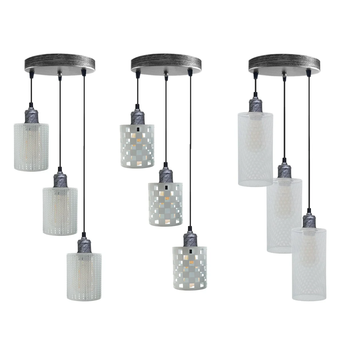 vintage metal pendant light with white globe and brushed silver cage, hanging dangle with PVC cable.