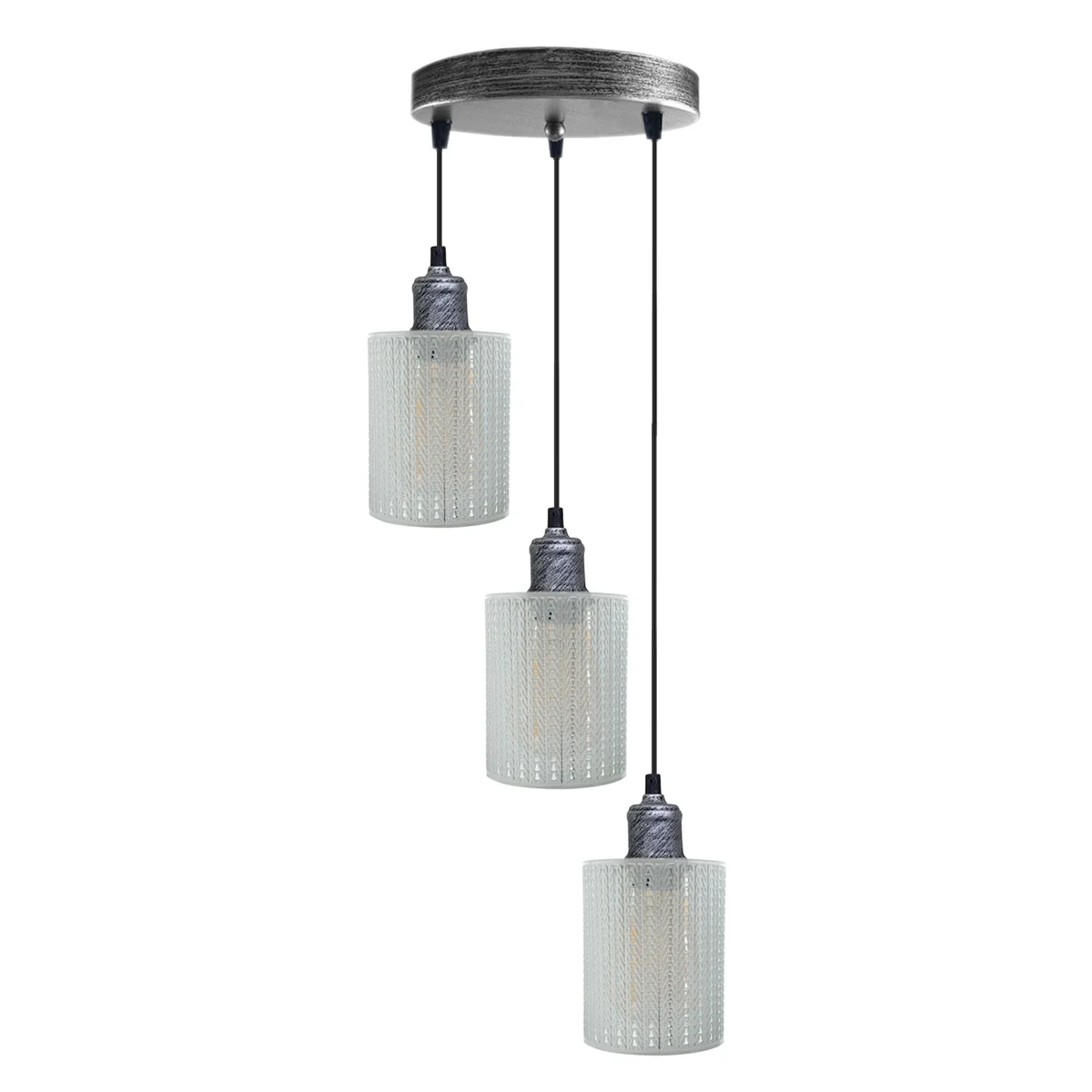 Vintage metal pendant light with white and brushed silver metal cage, 3 light holders, 95cm PVC cable.