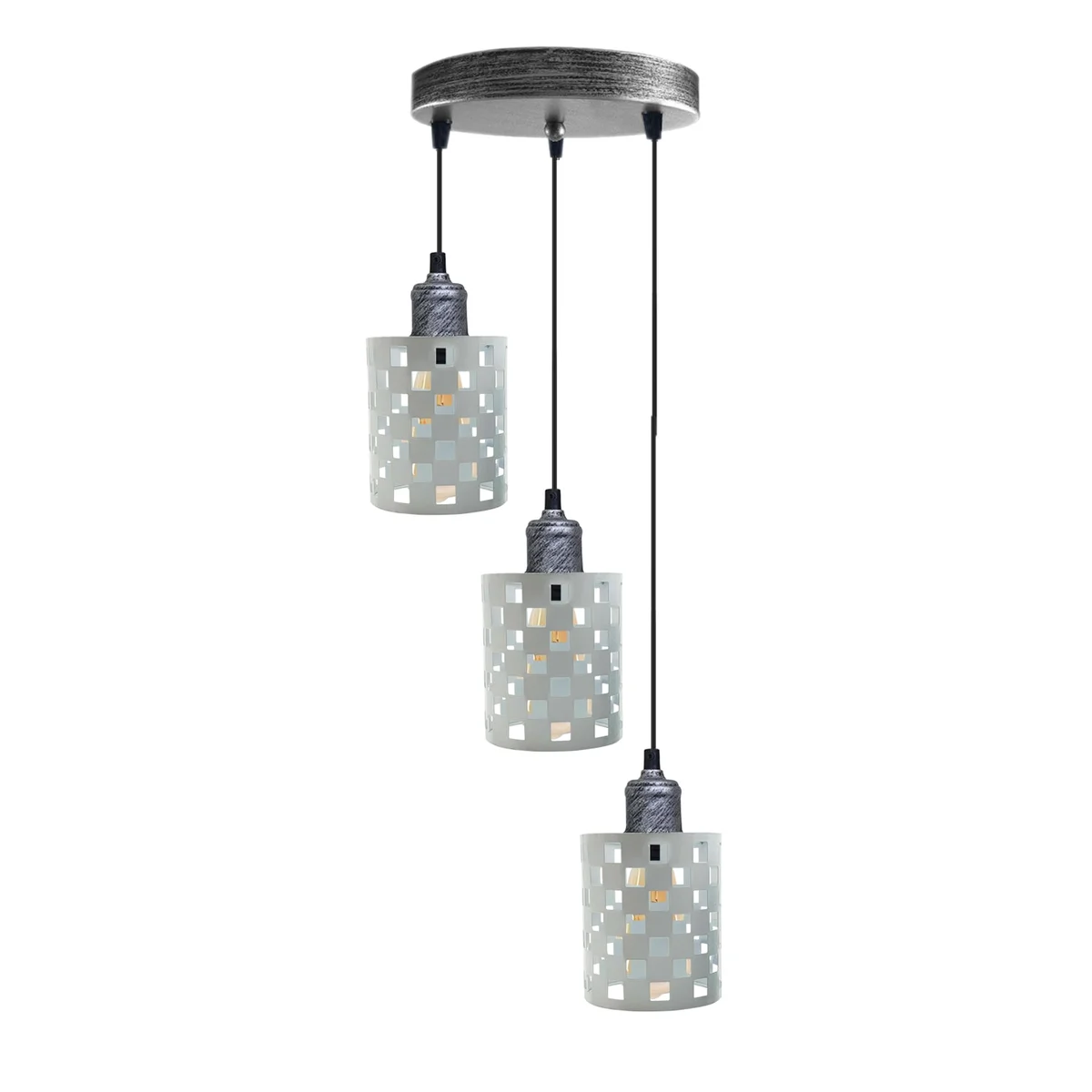 vintage metal pendant light with white and brushed silver finish, 3 metal light holders and 95cm cable.