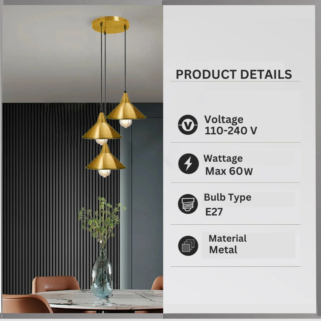 3 head pendant light in rose gold metal with PVC cable, modern industrial style hanging overhead