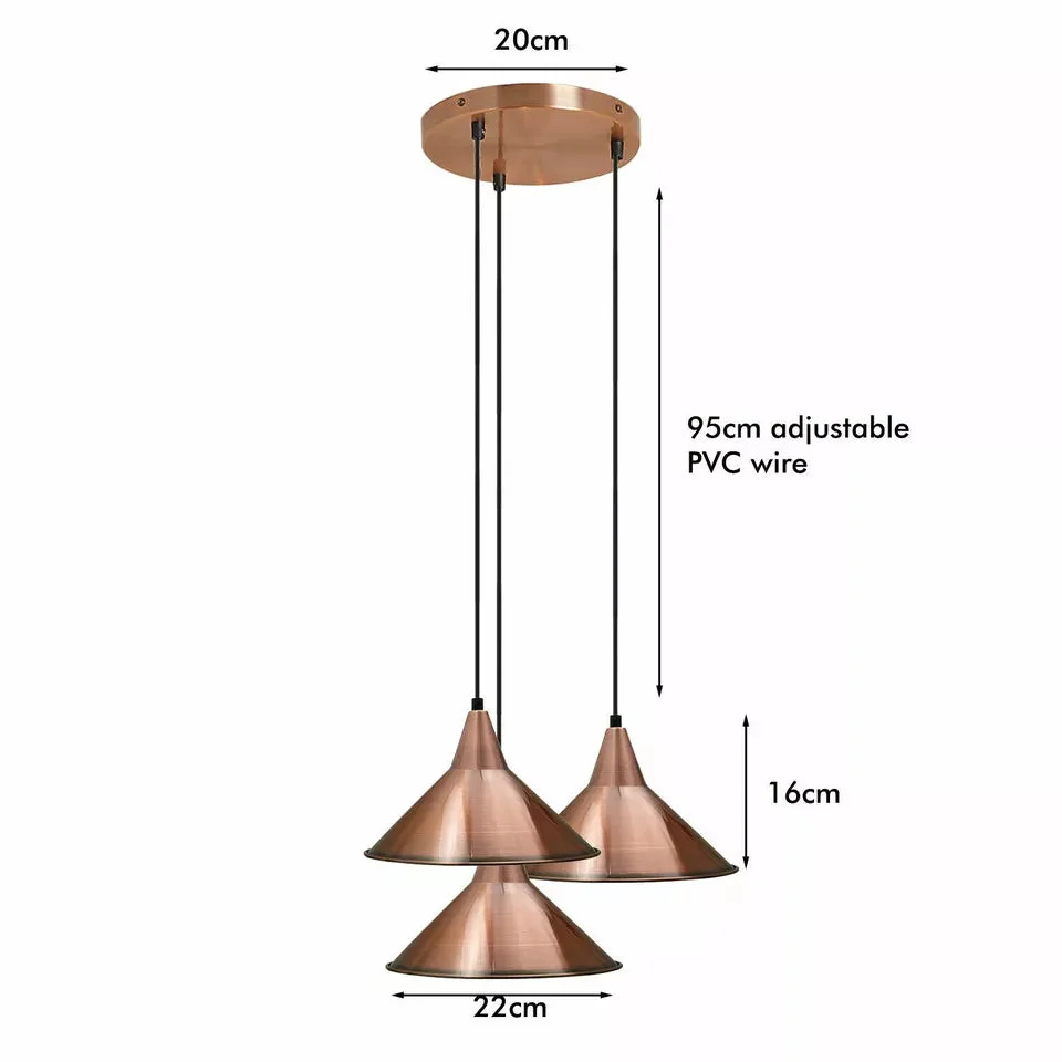 3-head modern industrial metal ceiling light in rose gold with metal shades, PVC cable, hanging from ceiling canopy