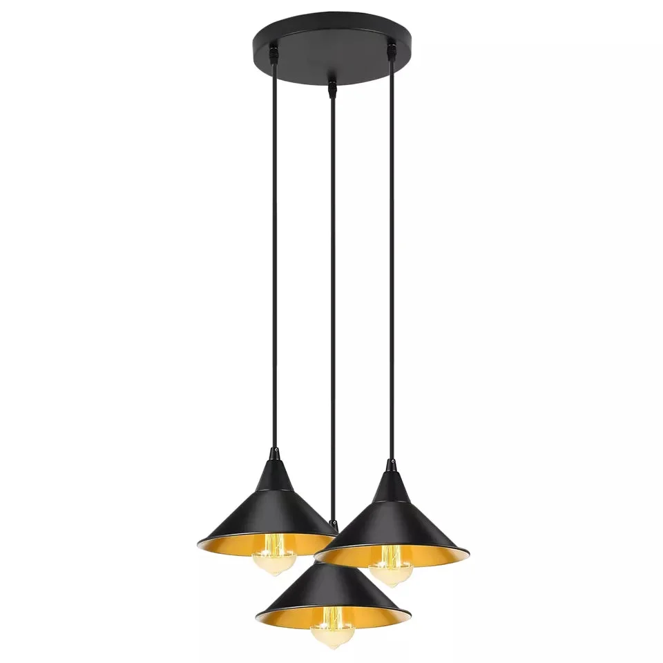 Three‑sided rose gold pendant lamp with metal shade, 95cm PVC cable, modern industrial style hanging from ceiling.