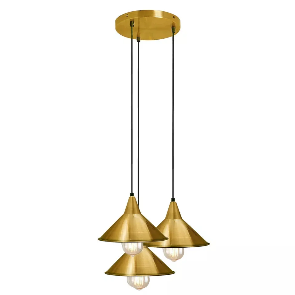 Three‑head rose gold metal E27 bulb ceiling light, modern industrial style hanging from ceiling.