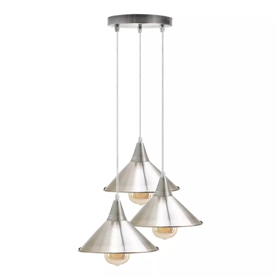 Modern industrial pendant light with three rose gold metal shades hanging from a metal base, wired by a 95 cm PVC cable.