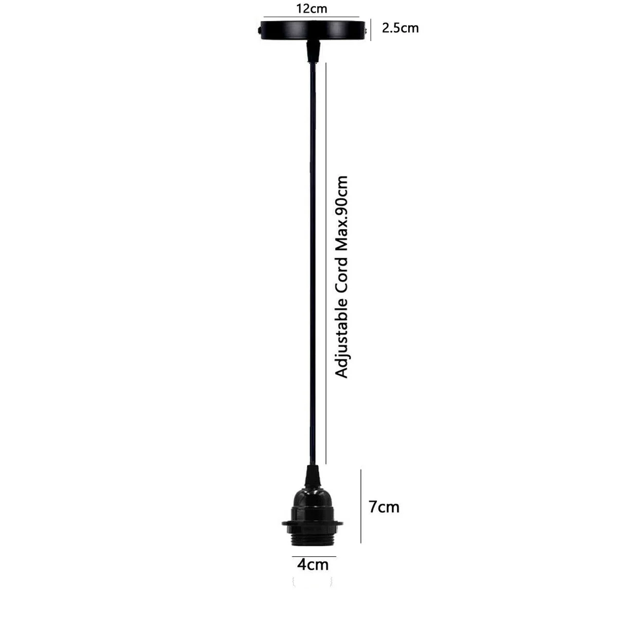 Adjustable pendant lamp mounted on ceiling with 12cm metal rose and 90cm black wire