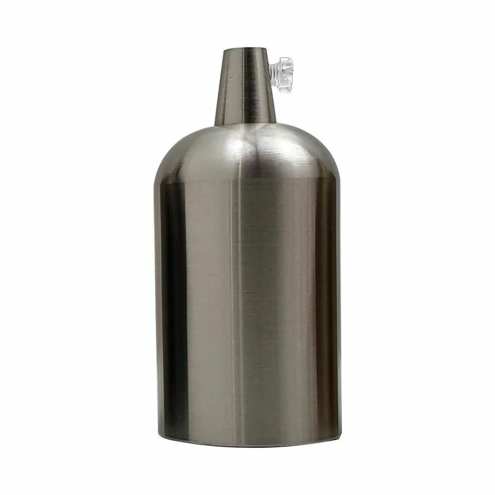 Polished metal E27 lamp holder with vintage industrial finish, shown on a clear stand, ideal for DIY pendant lights