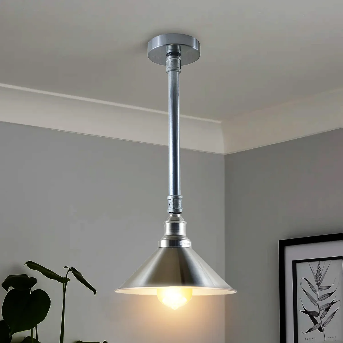 Industrial ceiling pendant light with galvanized iron frame, satin nickel finish, white hooded shade, 22cm diameter, 45cm length.